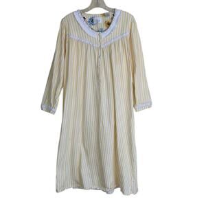 Go Softly Sz S Vintage Long Sleeve Cotton Nightgown Yellow Striped Ribbon Detail